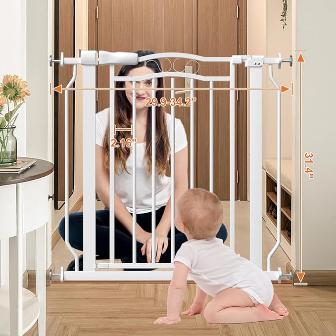 30" Tall Metal Narrow Baby Gate for Doorways No Drill 29.5-33.8" Wide, Auto Close Press Mounted Baby Gate Indoor for Kids, Walk Through Dog Gates for Stairs, White
