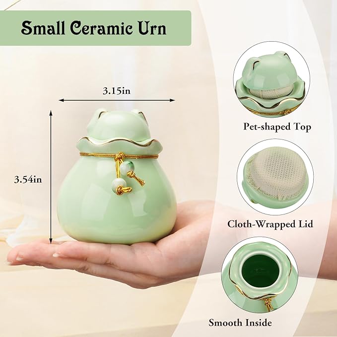 SOITIS Engraving Customized Pet Memorial Urn for Cat or Dog Ashes - 3.54"x3.15" Elegant Ceramic Keepsake Holder with Cat-Shaped Lid & Gold Trim, Small Cyan Urn for Pet Ashes