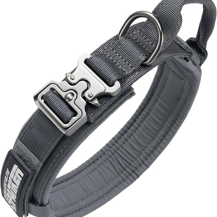 EXCELLENT ELITE SPANKER Tactical Dog Collar Nylon Adjustable Training Collar Military Dog Collar Heavy Duty Metal Buckle with Control Handle for Medium and Large Dogs with Patches (Grey-XL)