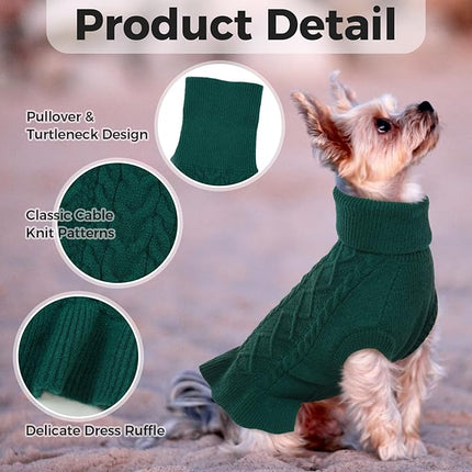 Lelepet Dog Sweater Christmas Turtleneck Knitwear Sweatshirt Cable Knit Warm Dress for Small Medium Large Dogs Puppy Fall Clothes, Chihuahua, XS, Green