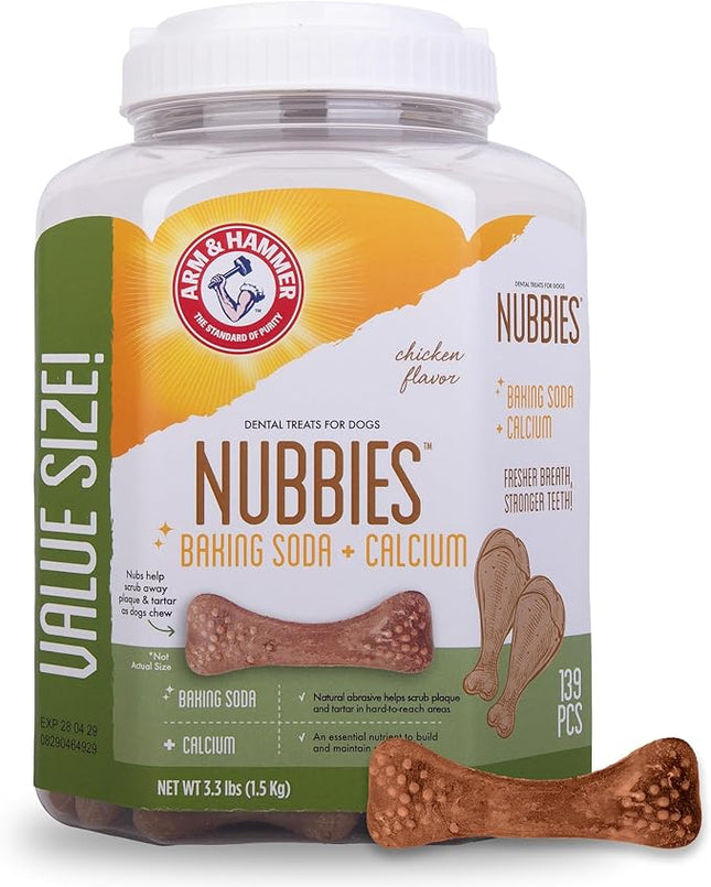 Arm & Hammer for Pets Nubbies Dental Treats for Dogs with Baking Soda and Calcium, Treat Chews Help Fight Bad Breath, Plaque & Tartar, Chicken, Value Bucket, 139 Pcs (Packaging may vary)