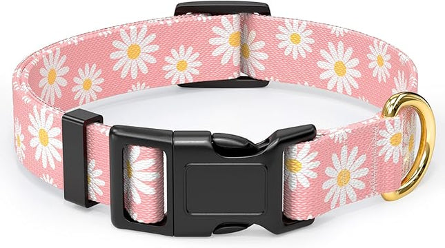 Rnivvi Dog Collar for Small Dogs, Cute Heavy Duty Adjustable Puppy Collar with Quick Release Buckle for Girl & Female, Pet Accessories for Walking Running, XS Length 5/8" Width, Pink Daisy Flower