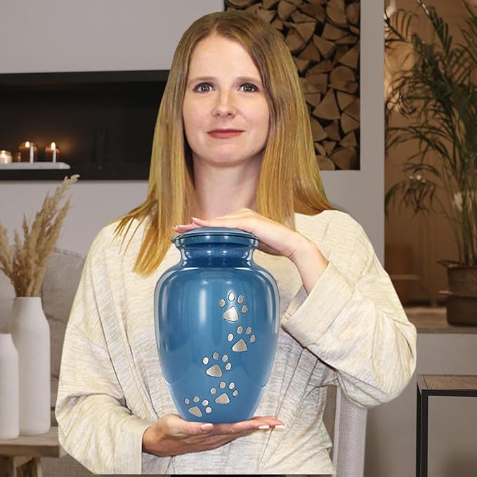 Trupoint Memorials Large Pet Urn for Dogs and Cats Ashes, Paws Print Blue Cremation Urns for Pets up to 122 lbs
