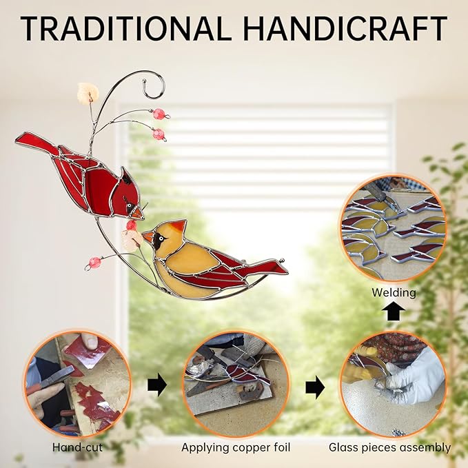 Handmade Cardinal Stained Glass Suncatcher Window Hanging Ornament for Christmas,Mother’s Day,Memorial Gifts,Red Birds Sun Catcher Decorative for Women, Mom, Grandma,Real Glass Unique Design