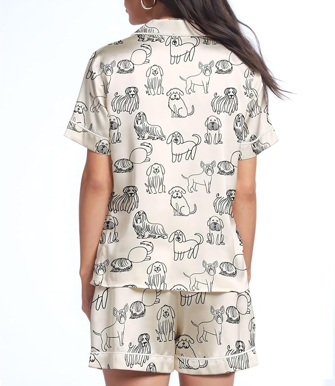 Women’s Silk Satin Pajama Set, Short Sleeve Button Down 2 Piece PJs with Shorts, Cozy Loungewear & Matching Holiday Pajamas