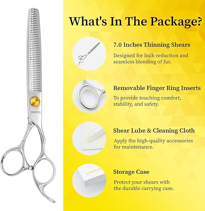 Dog Grooming Scissors, 7.0" 46 Teeth Thinning Shears, Premium Stainless Steel, Safety Rounded Tip & Offset Handles for Precision Trimming Dogs, Cats, Pet at Home