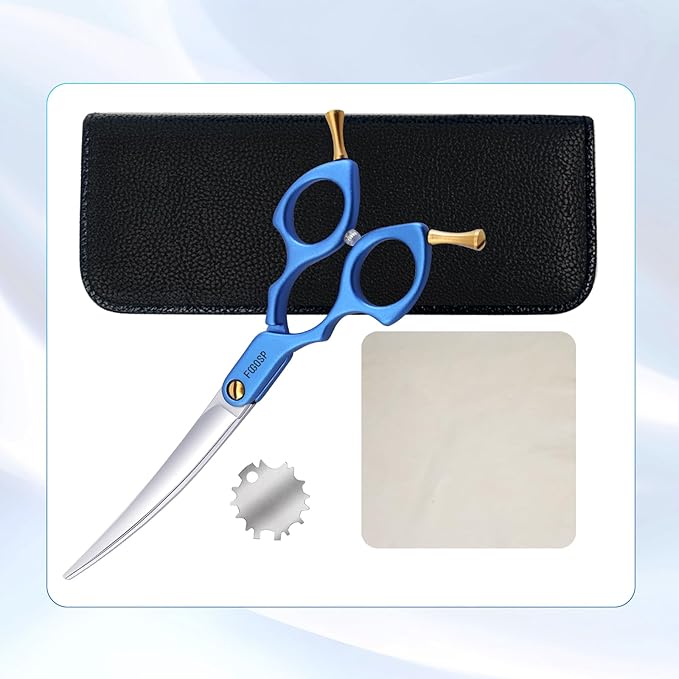 Professional Left Handed Curved Dog Grooming Scissors with Sharper Self Grinding lightweight and finely trimmed split structure 6.5'' Japan VG10 63HRC for small dogs cat pet(Blue)