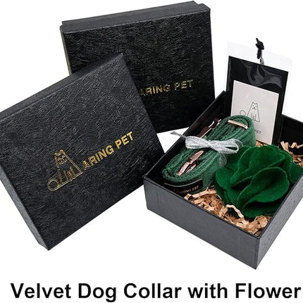 ARING PET Velvet Dog Collars, Dark Green Soft Pet Collar with Detachable Felt Flower Metal Buckle for Puppy Small Medium Large Boy Girl Dogs-XL