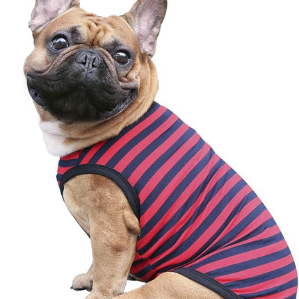 iChoue French Bulldog 100% Breathable Cotton Striped T Shirts Halloween Vest Clothes for Small Dogs Tank Tops Puppy Frenchie Pug English Boston Terrier Pitbull Red Blue Stripes - Medium