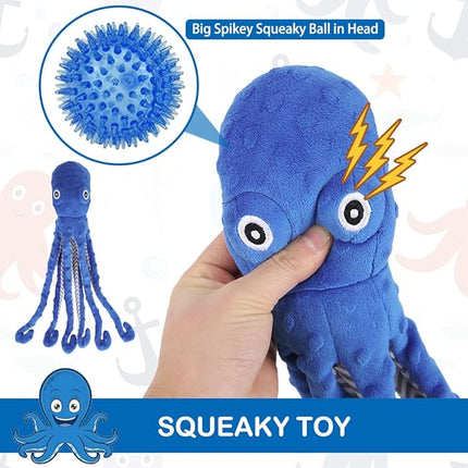 EXPAWLORER Octopus Dog Toy - Long Dog Squeaky Toys Puppy Birthday Gift Soft Stuffed Chew Toy, Crinkle Paper and Built-in Squeaker Durable Interactive Plush Toy for Small Medium Large Dogs, Blue