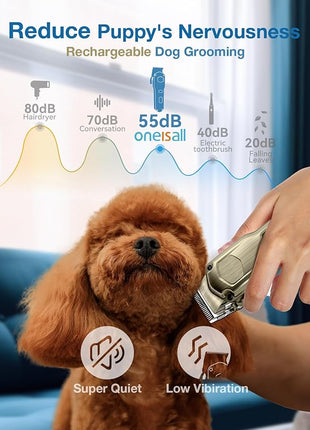 oneisall Dog Clippers for Grooming for Thick Heavy Coats/Low Noise Rechargeable Cordless Pet Shaver with Stainless Steel Blade/Waterproof Dog Shaver for Dogs Pets and Animals (Gold)