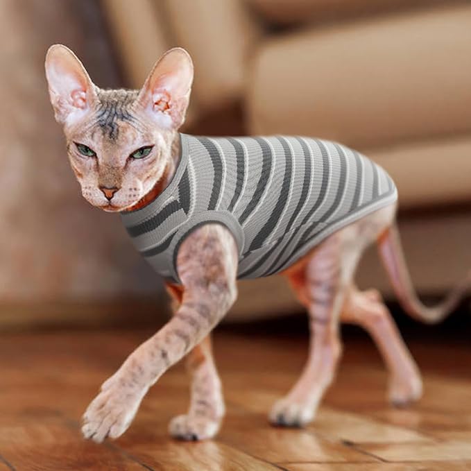 BRKURLEG Hairless Cats T Shirt, Cat Sweaters, Pullover Kitten Shirts, Sleeveless Round Collar Cotton Vest for Cornish Rex Devon Rex Peterbald and Small Dogs Sweater(Grey Stripes, M)