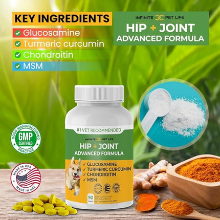 Advanced Hip and Joint Supplement for Dogs All Breeds - Glucosamine for Dogs Mobility & Pain Relief - All Natural Chondroitin, MSM & Turmeric Dog Joint Supplement - 90 Chewable Tablets