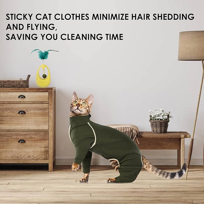 Hairless Cat Clothes - Army Green, M - Sticky Hair Onesie, Prevents Lost Hair, Soft Pajamas for Sphynx Cats, Shirt With Four Legs, Recovery Long Sleeve