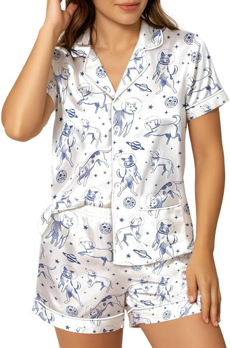 Women’s Silk Satin Pajama Set, Short Sleeve Button Down 2 Piece PJs with Shorts, Cozy Loungewear & Matching Holiday Pajamas