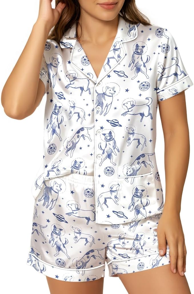 Women’s Silk Satin Pajama Set, Short Sleeve Button Down 2 Piece PJs with Shorts, Cozy Loungewear & Matching Holiday Pajamas