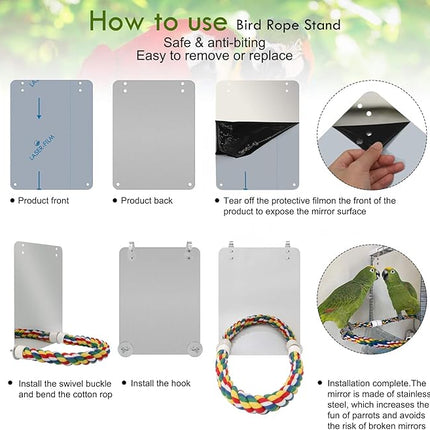 BWOGUE 7 Inch Bird Mirror with Rope Perch Cockatiel Mirror for Cage Bird Toys Swing Parrot Cage Toys for Parakeet Cockatoo Cockatiel Conure Lovebirds Finch Canaries