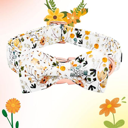 Elegant little tail Dog Collar, Floral Pattern Pet Collars with Bow Girl Cotton Bowtie Collars Spring Puppy Gift Adjustable Pet Collar for Large Dogs