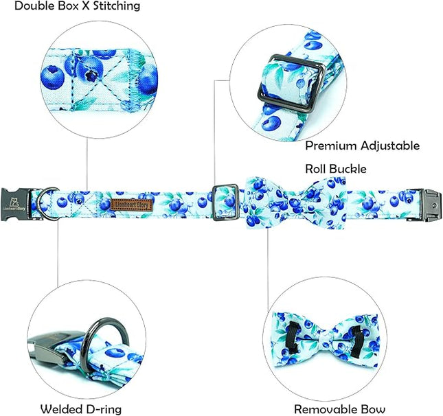 Lionheart glory Dog Bow Collar Blueberries Print Collars for Medium Dogs, Spring Summer Cute Duty Adjustable Dog Collar with Bowtie Pet Collars Bows Pet Gift