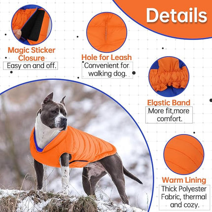 Lelepet Reversible Dog Coat Waterproof Dog Jacket Windproof Puffer Vest for Winter Warm Lightweight Coats for Medium Dogs Adjustbale Hook & Loop Pet Apparel with Leash Hole, French Bulldog, Orange, L