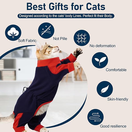 Cat Pajamas for Cats Only, Sticky Hair Cat Clothes, Long Sleeve Sphynx Clothes, Anti-Licking or Skin Disease Recovery Suit for Female Cats, Kitten Onesie Pajamas, DarkBlue, S