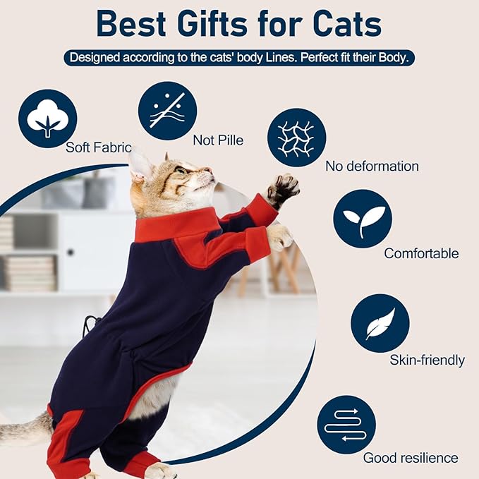 Cat Pajamas for Cats Only, Sticky Hair Cat Clothes, Long Sleeve Sphynx Clothes, Anti-Licking or Skin Disease Recovery Suit for Female Cats, Kitten Onesie Pajamas, DarkBlue, XL