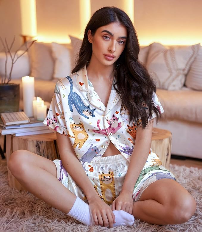 Women’s Silk Satin Pajama Set, Short Sleeve Button Down 2 Piece PJs with Shorts, Cozy Loungewear & Matching Holiday Pajamas