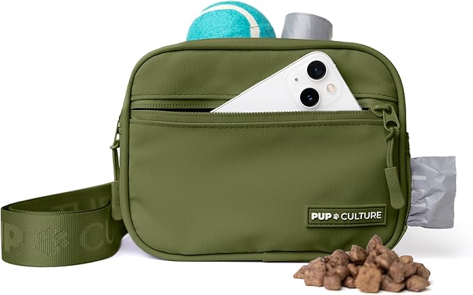 Pup Culture Cross Body Dog Training Treat Pouch | Removable for Anytime Puppy Training | Built-in Poop Bag Dispenser & Used Bag Holder | Stylish Green