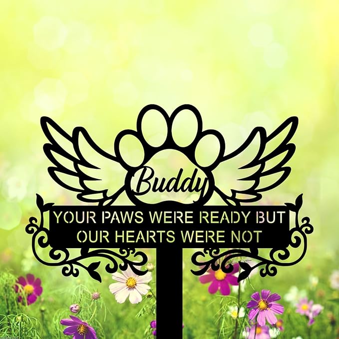 Personalized Angel Pet Memorial Grave Marker Dog Cat Paw, Custom Pet's Name Cemetery Decorations for Funerary, Metal Pet Burial Garden Stake, Outdoor Sympathy Angel Handstone Stake Plaque Gift for Loss Dog Cat