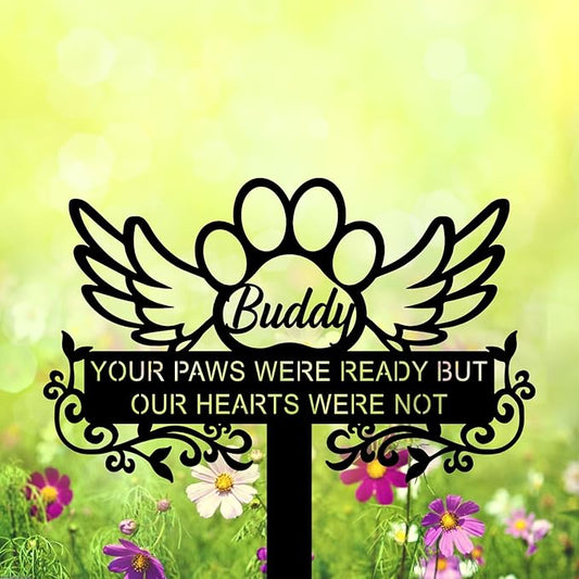 Personalized Angel Pet Memorial Grave Marker Dog Cat Paw, Custom Pet's Name Cemetery Decorations for Funerary, Metal Pet Burial Garden Stake, Outdoor Sympathy Angel Handstone Stake Plaque Gift for Loss Dog Cat