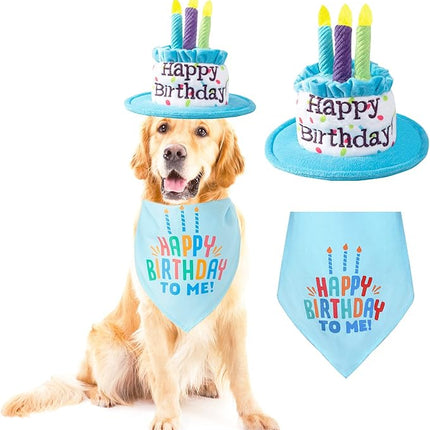 Large Dog Birthday Cake Hat & Bandana Scarfs Set Blue, Handmade Dog Happy Birthday Hat with Colorful Candles, Extral Large Dog Birthday Party Supplies Decorations