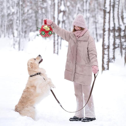 QDAN Christmas Dog Balls with Straps, Squeaky Dog Toys for Indoor Outdoor Playing, Puppy Birthday Gifts, Pet Toy Ball, Durable Herding Balls for Dogs (8 Inch)