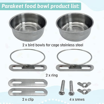 PINVNBY 2PCS Stainless Steel Bird Bowl Parrot Food Water Bowls with Clamp Holder Bird Feeder Dish Cups Crate Bowls for Cockatiel Pigeons Conure Budgies African Greys (Double Screws Size: L)
