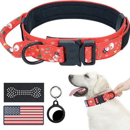 Hotsky Christmas Tactical Dog Collar, Adjustable Military Training Xmas Collar with Handle and Have Duty Metal Buckle for Medium Large Dogs, with Airtag Holder and 2 Patches(Christmas Red,M)