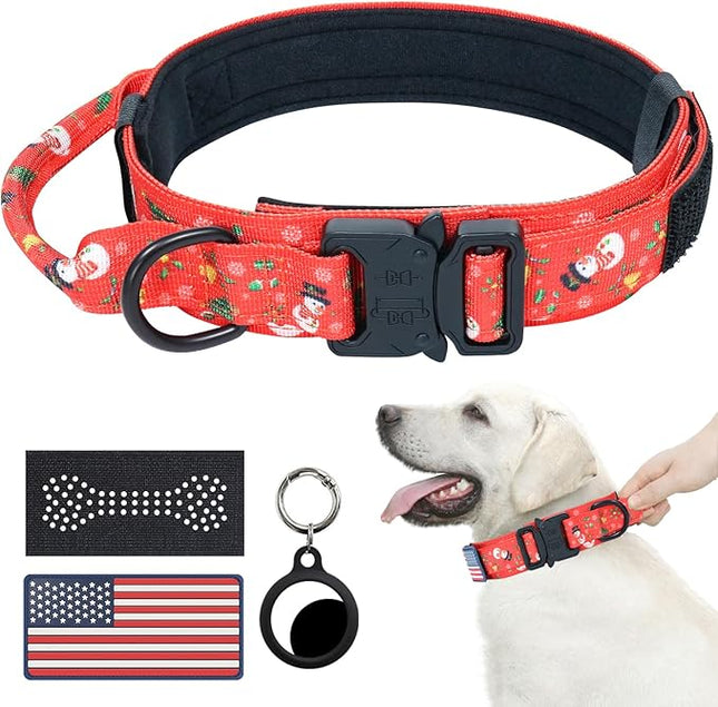 Hotsky Christmas Tactical Dog Collar, Adjustable Military Training Xmas Collar with Handle and Have Duty Metal Buckle for Medium Large Dogs, with Airtag Holder and 2 Patches(Christmas Red,M)
