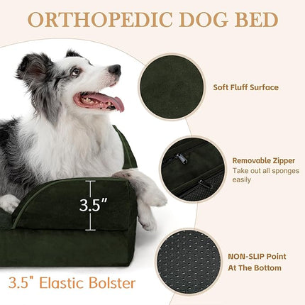 Comfort Expression Orthopedic Dog Bed for Medium Dogs 30x20 Inch, Waterproof Egg Crate Foam Medium Pet Bed with Removable Bolsters, Dog Couch with Washable Cover & Non-Slip Bottom, Olive Green