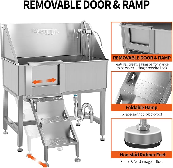 38" Professional Stainless Steel Dog Grooming Tub W/Soap Box, Faucet,Rich Accessory, Bathtub for Multiple Pets, Washing Sink for Home,L-Door