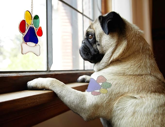 Rainbow Bridge Dog Memorial Gifts Suncatcher for Window, Stained Glass Window Hanging Pet Paw Print Ornament, Pet Memorial Gifts for Dogs & Cats Lovers, Dog Loss Sympathy Gift
