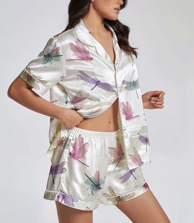 Women’s Silk Satin Pajama Set, Short Sleeve Button Down 2 Piece PJs with Shorts, Cozy Loungewear & Matching Holiday Pajamas