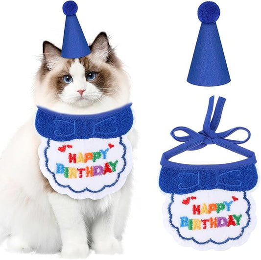 2pcs Cat Birthday Hat,Cute Birthday Hat for Cat,Adjustable Embroidered Cats Party Hats with Bib, for Girls, Boys, Kittens and Dogs Party Supplies Decoration Set (Blue)