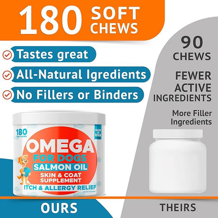 Omega 3 Fish Oil for Dogs (360Ct Peanut) - Skin&Coat Chews - Dry & Itchy Skin Relief + Allergy Support - Shiny Coat - EPA&DHA Fatty Acids - Salmon Oil Chews Promotes Heart Support