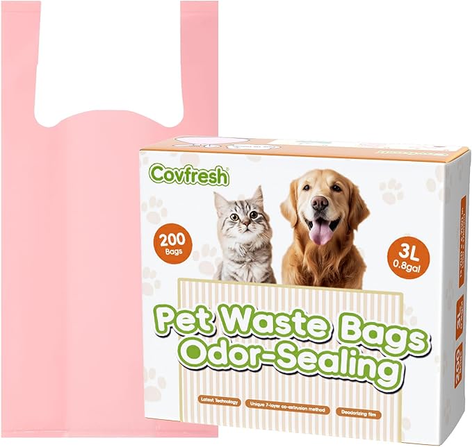 Odor-Sealing Dog Poop Bags with Handles, 200-Count Large Capacity (3L) Pet Waste Bag, Unscented Poop Bags for Dogs or Cat Litter, Conceals Smell & Mess(Pink)