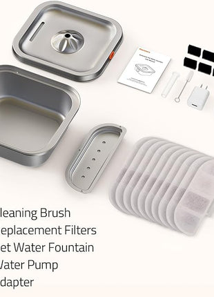 Cat Water Fountain Stainless Steel: 4L/140oz Pet Fountain Water Bowl Indoor, Automatic Dog Drinking Dispenser, Cat Feeding Watering Supplies, Metal Kitty Waterer Fountain, 10 Replacement Filters