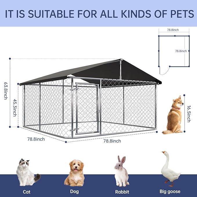 80"x 80" Outdoor Dog Enclosure Heavy Duty Dog Kennel House Mesh Dog Big Cage Pet Kennel Steel Fence with Secure Lock