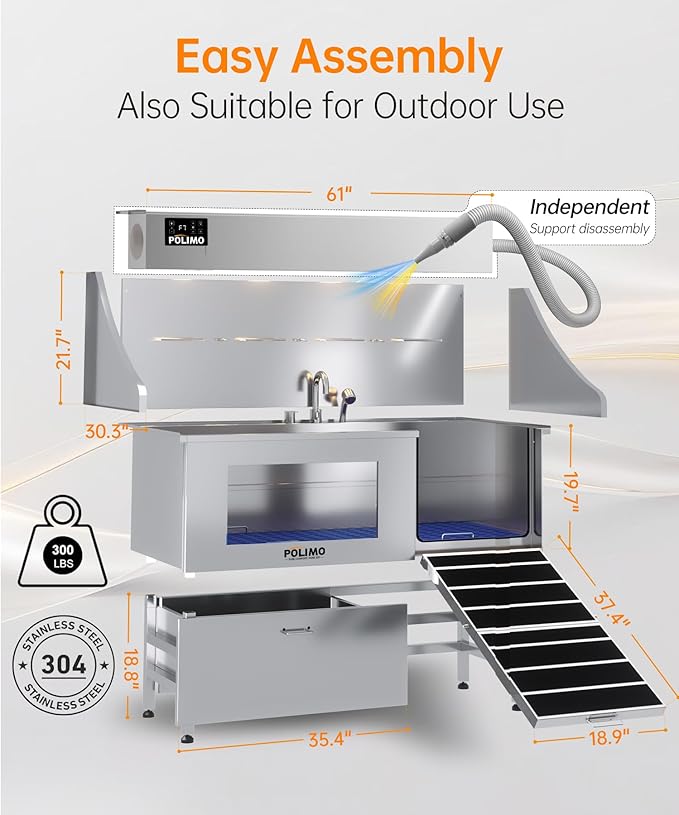POLIMO Dog Wash Station with Pet Dryer & LED, Professional Dog Bathing Station for Large, Medium & Small Dogs – with Window, Ramp, Drawer, Floor Grate, LED Display & Faucet (Right RAMP & Dryer, 61")
