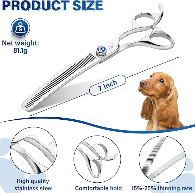 JASON 7" Curved Thinner Dog Scissors - Ergonomic Dog Grooming Scissors Silver Curved Blender Dog Shears 440C Stainless Steel Grooming Shears Professional Pet Shears For Groomer (50-Teeth)
