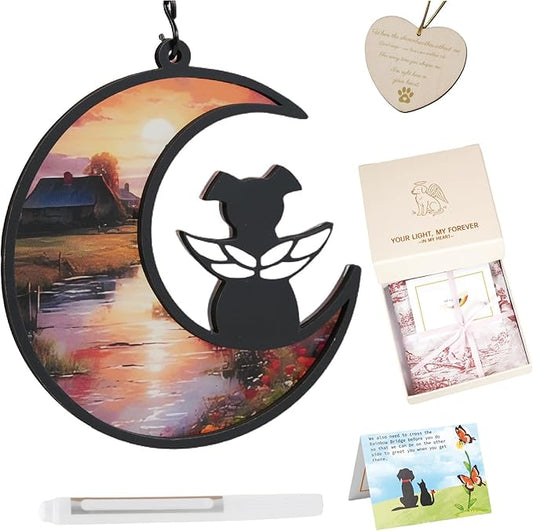 DIY Angel Dog Memorial Suncatcher with Sympathy Card, Engraved Pet Memorial Ornament, Dog Death Sympathy Gifts, Personalized Pet Memorial Gifts - Countryside Sunset