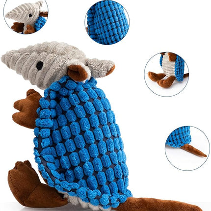 Hollypet Plush Dog Squeaky Toy Stuffed Armadillo Animal Pet Puppy Chew Toys with Clean Teeth for Small Medium Large All Breed Sizes Dogs, Blue, 8 in
