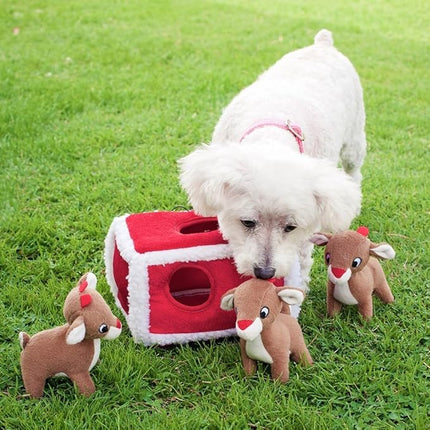 ZippyPaws Holiday Burrow- Interactive Dog & Puppy Toy for Boredom, Stimulating Pet Product to Keep them Busy, Hide & Seek Plush Dog Puzzle, Enrichment Squeaky Toy for Small & Medium Dogs- Reindeer Pen