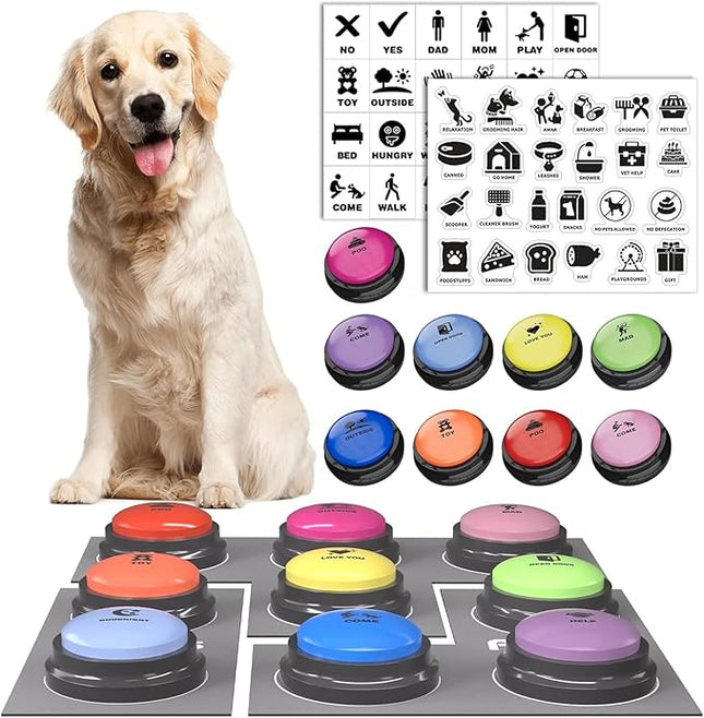 Dog Buttons for Communication, 9 Pcs Dog Talking Button Set, 30s Voice Recording Pet Buzzer Training Buttons, Speaking Button for Dogs with Waterproof Anti-Slip Dog Button Mat and 48 Scene Stickers